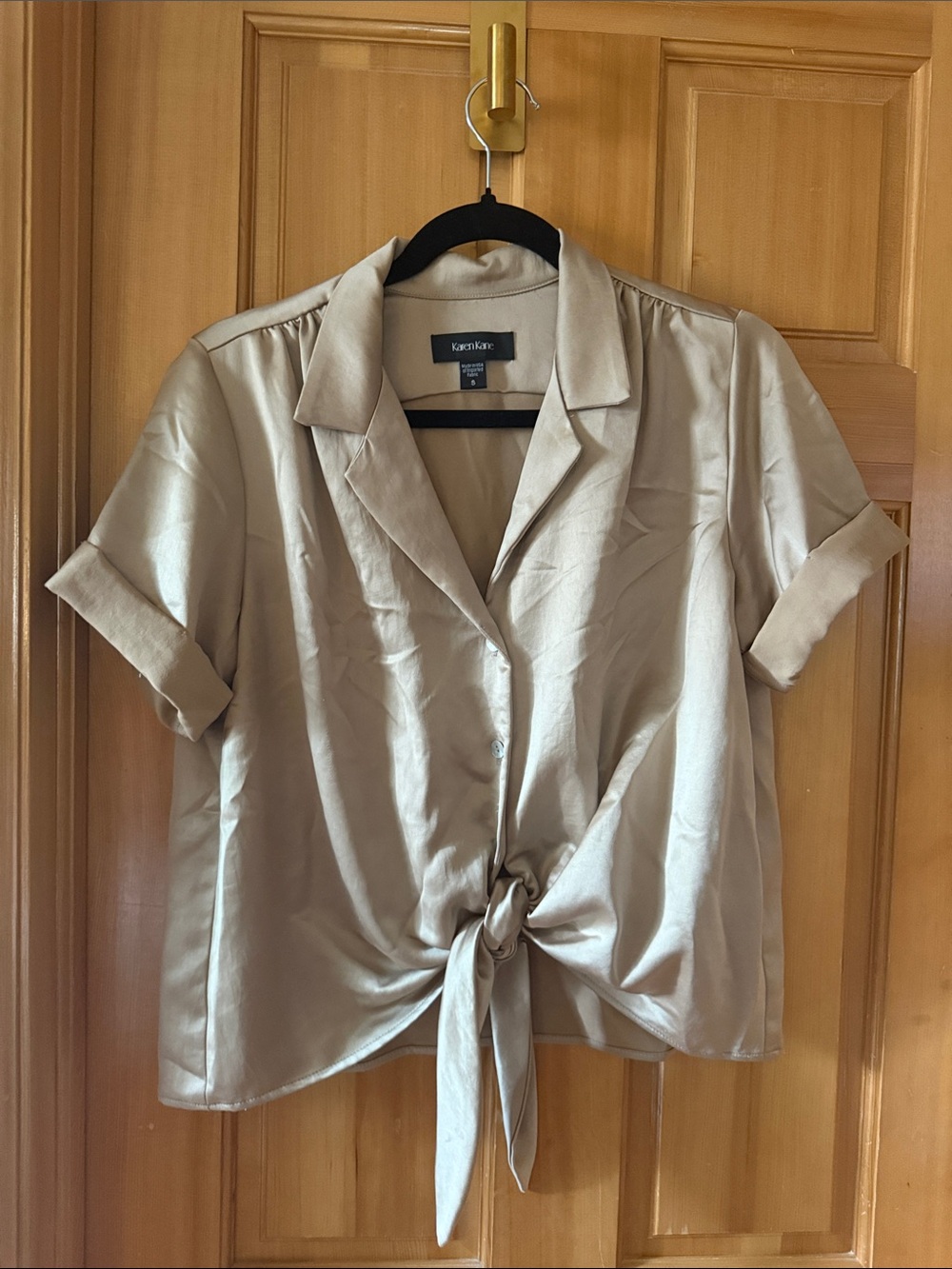 Karen Kane Beige Satin Tie-Front Short Sleeve Button-Down